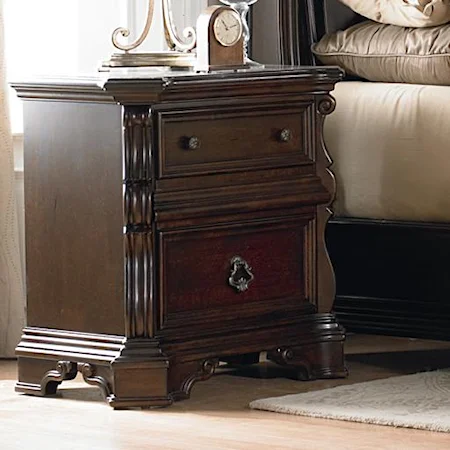 2 Drawer Nightstand with Ornate Moulding and Burnished Brass Hardware